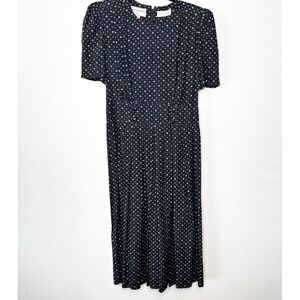 90s Karin Stevens Dress Size 14 Navy White Geometric Dot Pleated Smocked Waist